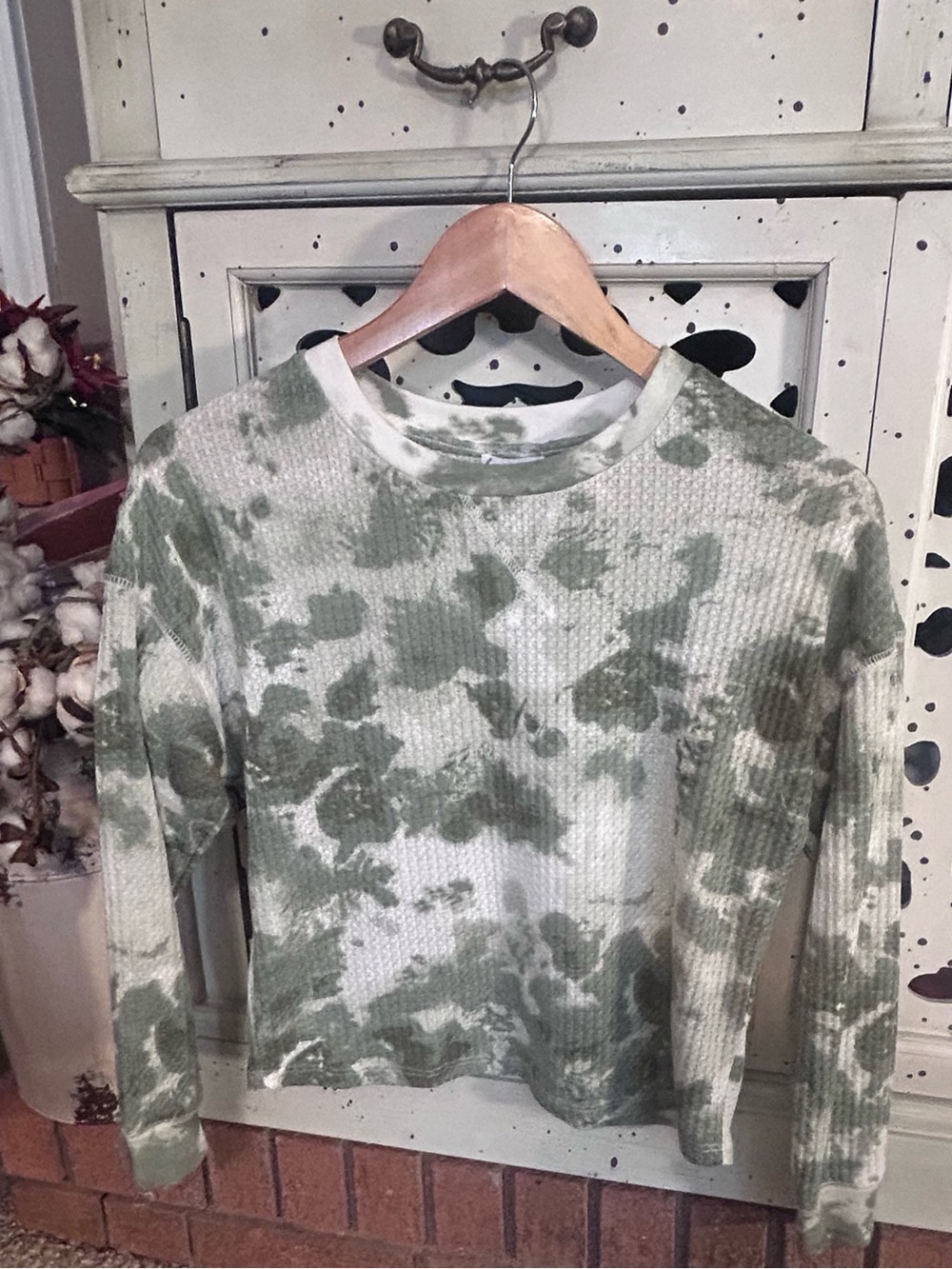 Waffle Knit Tie-Dye Long Sleeve Top - Green